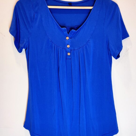 Blue Short Sleeve Casual Shirt Scoop Loose Fit Tunic Tops Summer Button Small - Picture 2 of 6